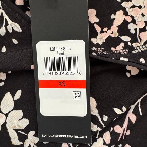 NWT Karl Lagerfeld Paris Black Blouse Shirt Pink Floral Bell Sleeve Women XS - Picture 7 of 13